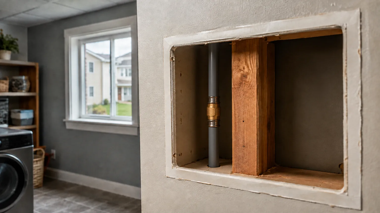 Gray plastic water-supply pipe visible through an access panel in a suburban home's utility room