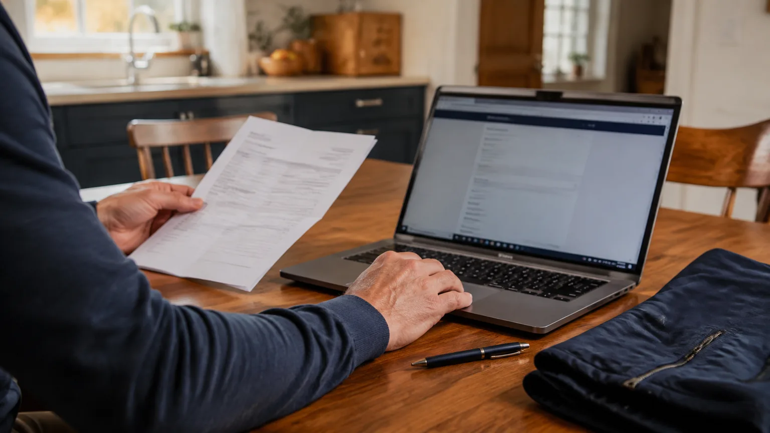 Homeowner reviewing contractor paperwork beside a laptop at a kitchen table