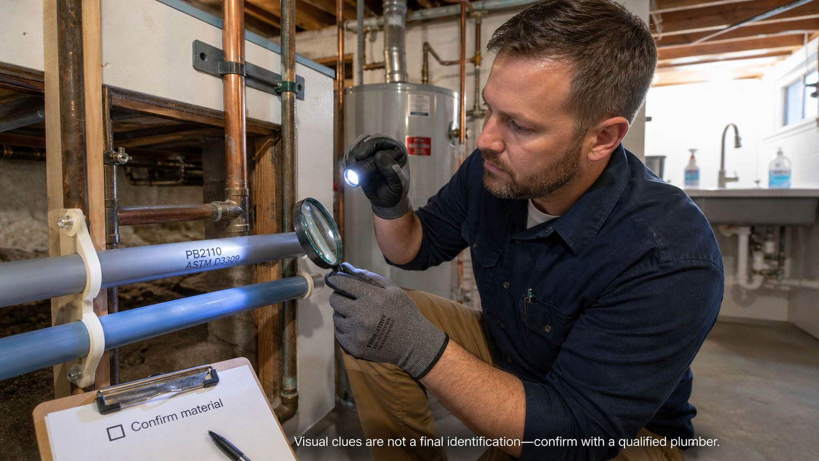 Plumber inspecting supply pipes under a bathroom sink