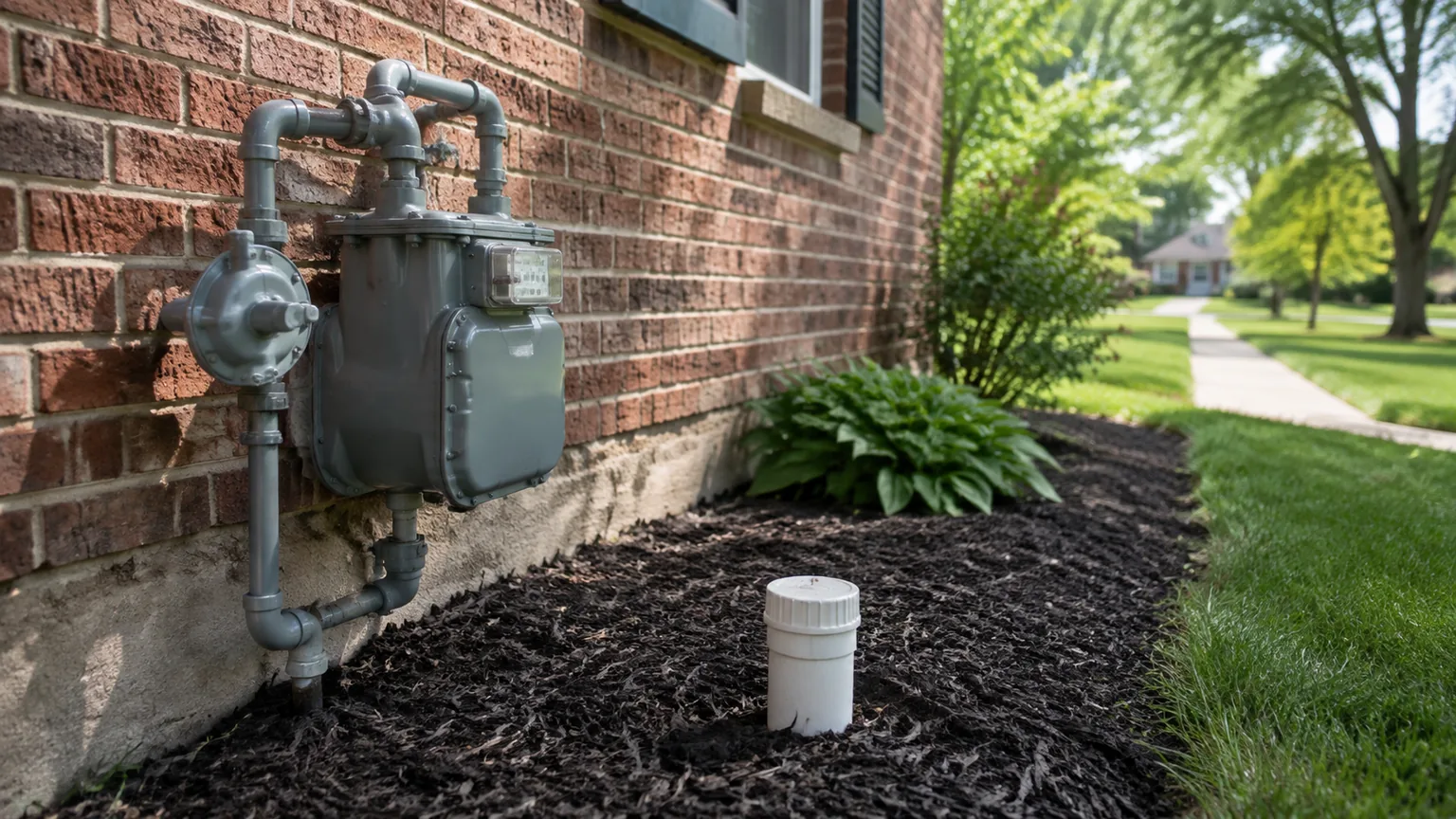 Exterior gas meter and capped sewer cleanout beside the brick wall of a home