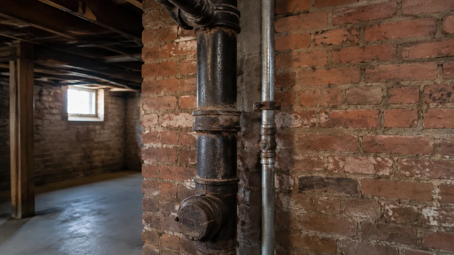 Aged cast iron drain and galvanized supply pipes in the brick basement of an older rowhouse