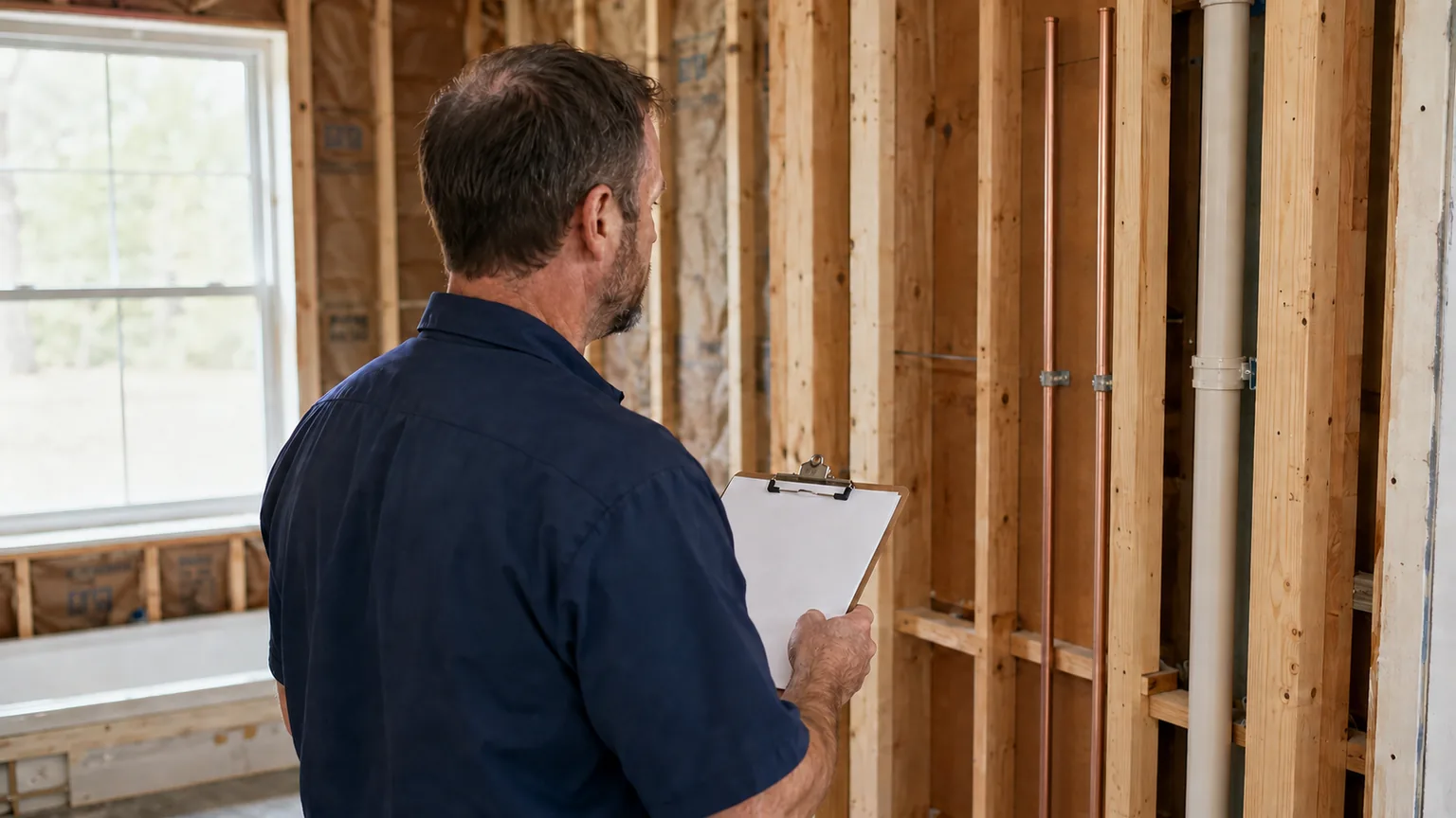 Plumbing professional checking exposed supply and drain pipes with a clipboard during a renovation