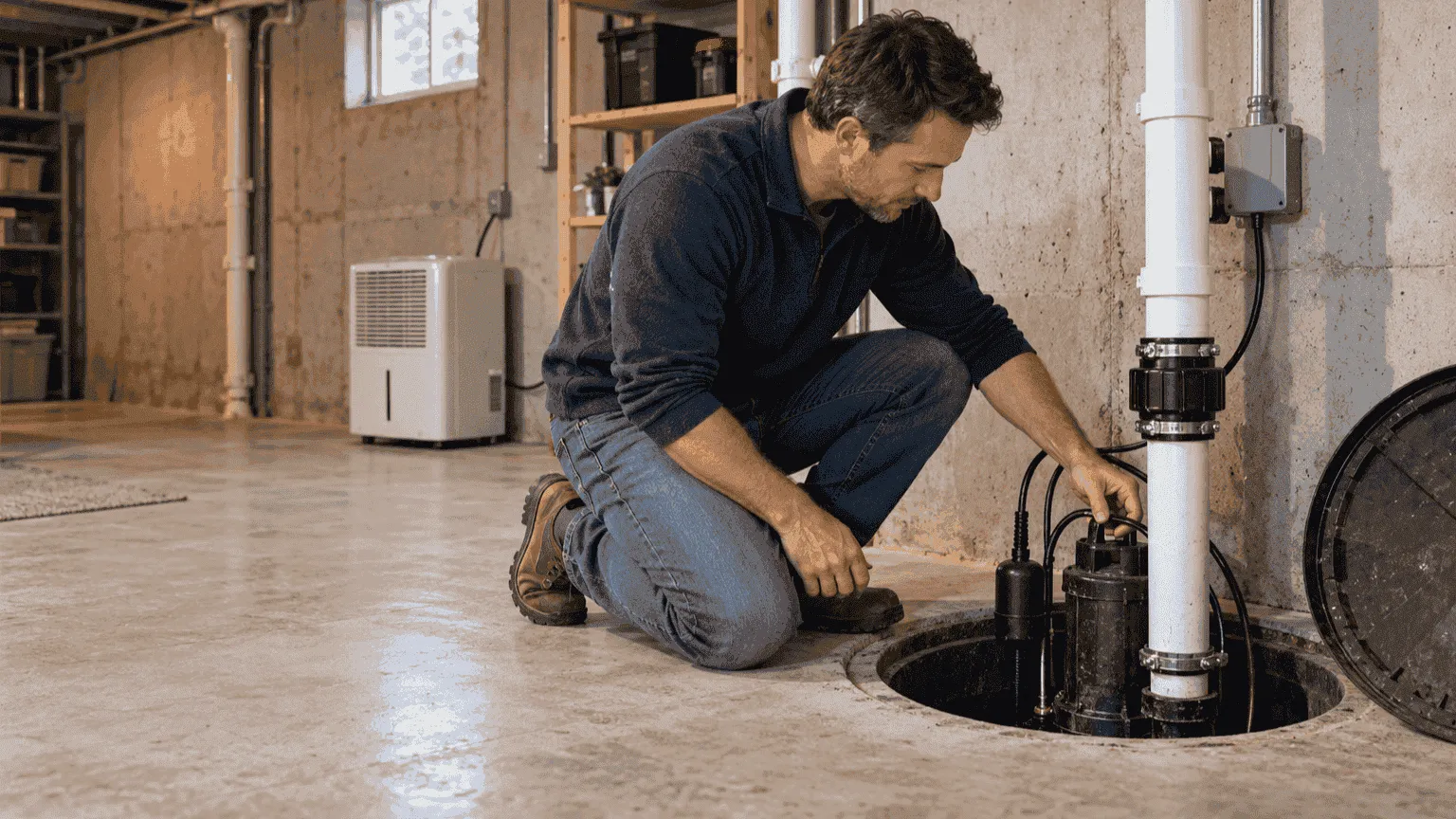 Homeowner kneeling beside an open basement sump pit, checking the pump and its white discharge pipe