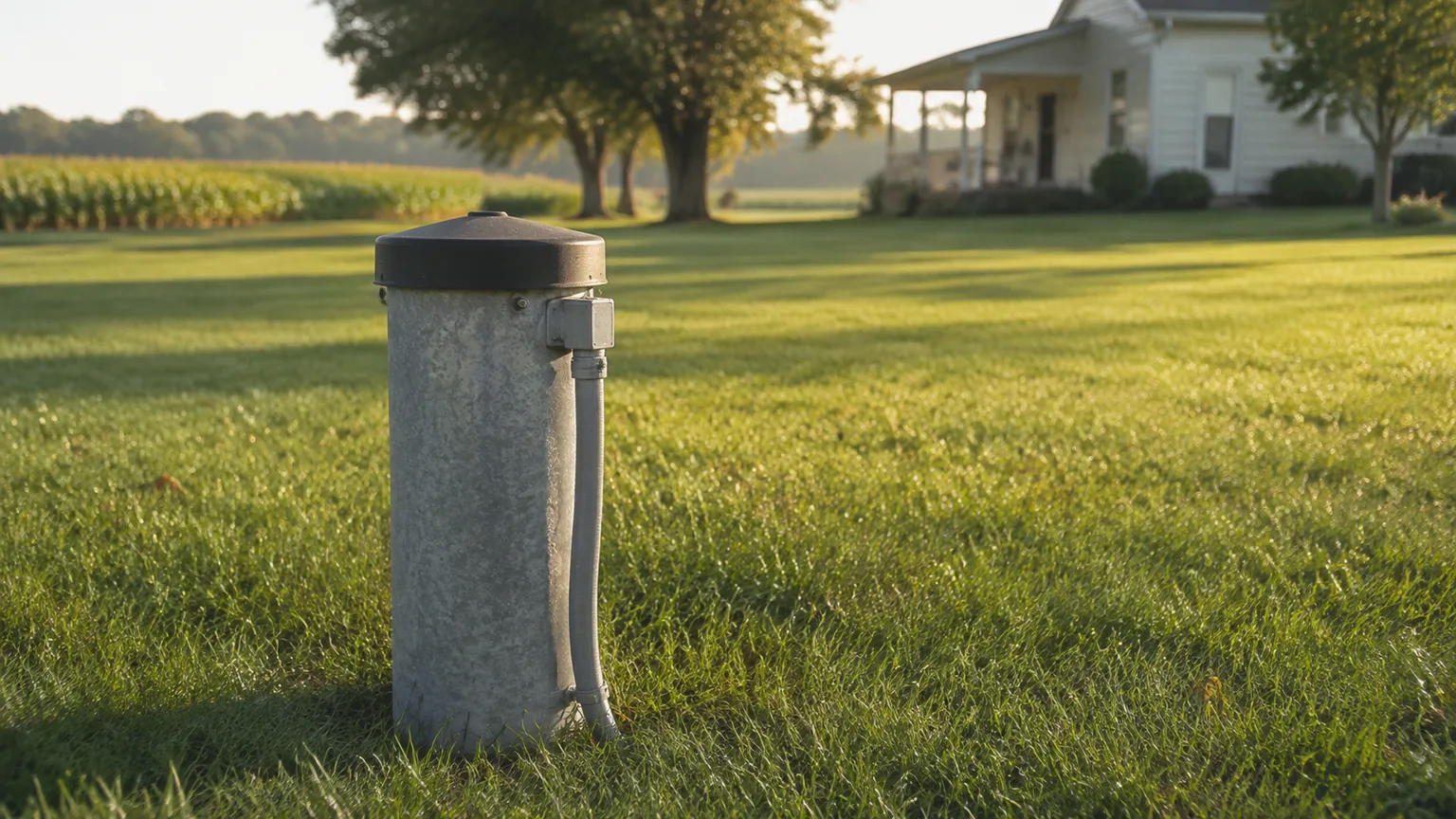 Capped private well casing rising from a lawn near a rural Delaware home
