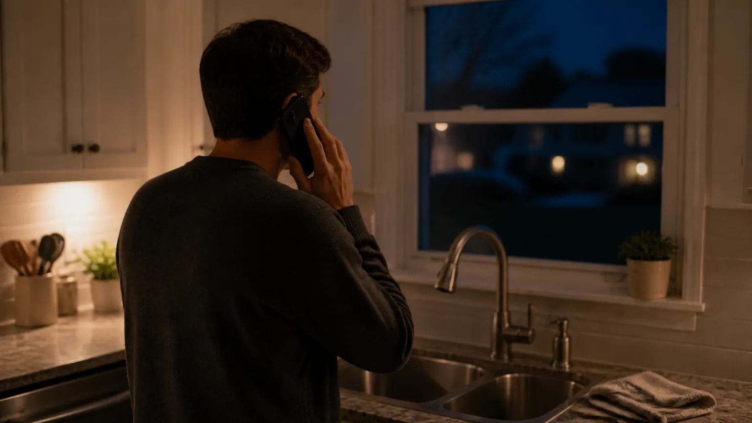 Homeowner making a late-night phone call beside a dimly lit kitchen sink