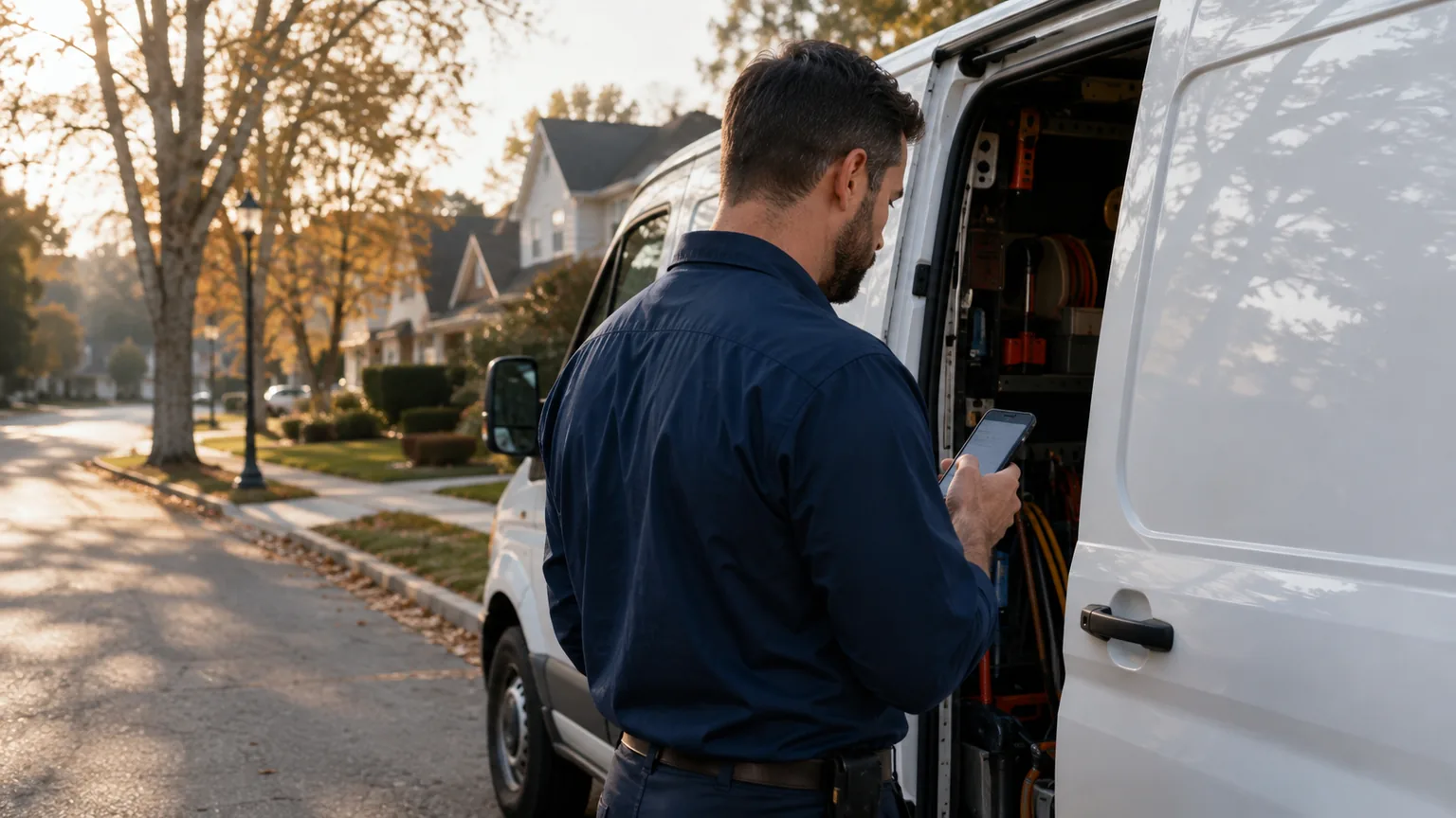 Plumber beside a white service van checking a phone on a suburban residential street