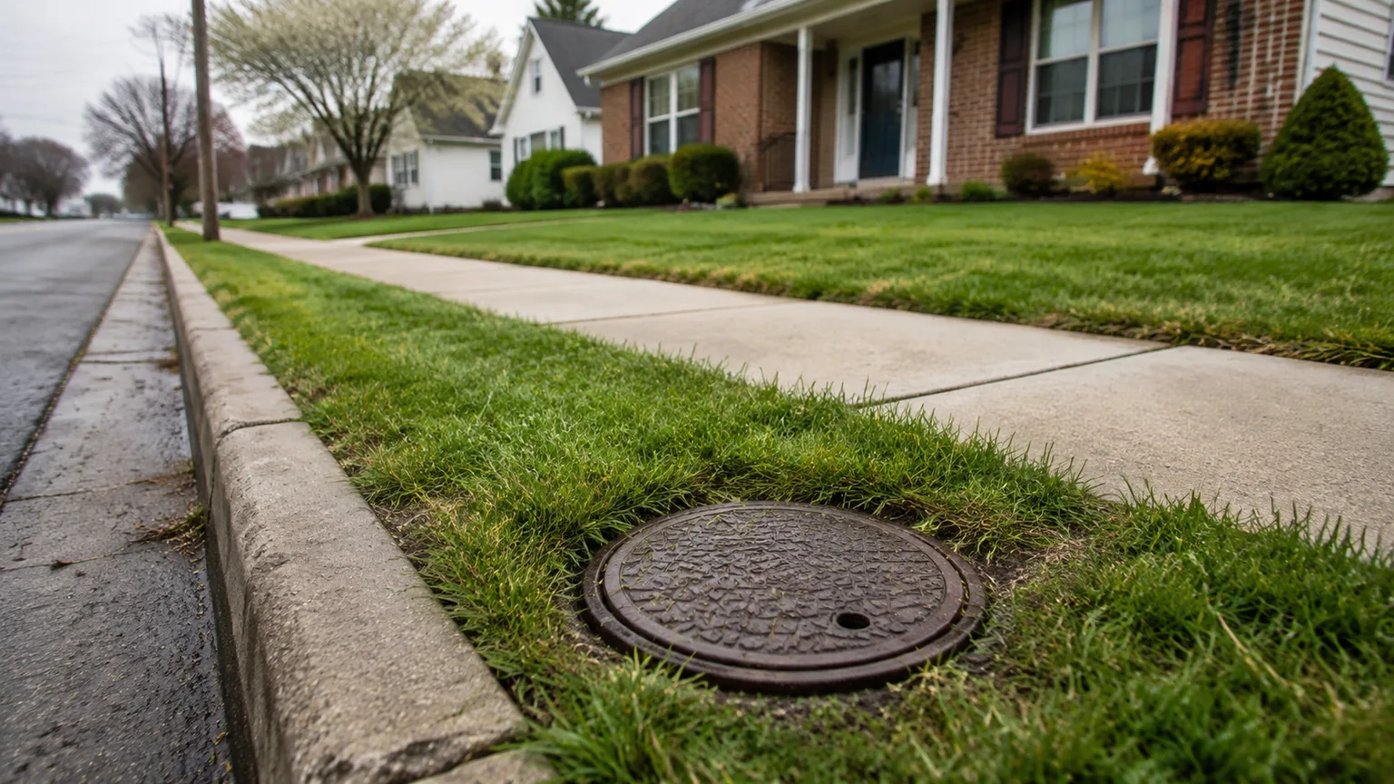 Round utility access cover beside a suburban sidewalk with the front yard and house beyond
