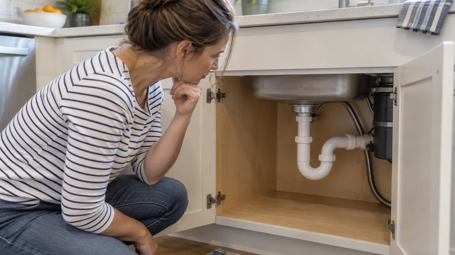 Homeowner crouching at an open kitchen sink cabinet, looking at the curved drain trap beneath the sink